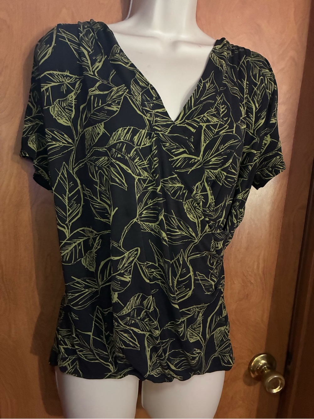 Women's Black V-Neck Leaf Print Top - Olive Leaves